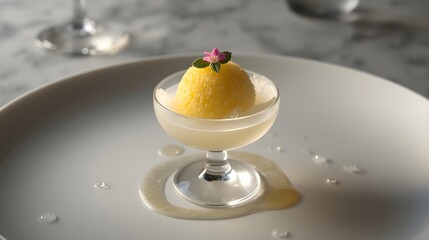 Close-up of a refreshing lemon granita served in a glass bowl, topped with mint and a pink edible flower, melting slightly under warm natural light.