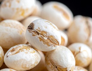 Close-up of many small, pale-yellow, and off-white seeds