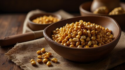 Close-up of golden corn kernels in a wooden bowl on a rustic surface, glowing under warm light, showcasing freshness and natural texture.