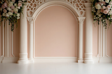 Elegant archway with columns, floral decor, and a soft pink backdrop. Ideal for wedding photography, classic portraits, or sophisticated interior design projects.