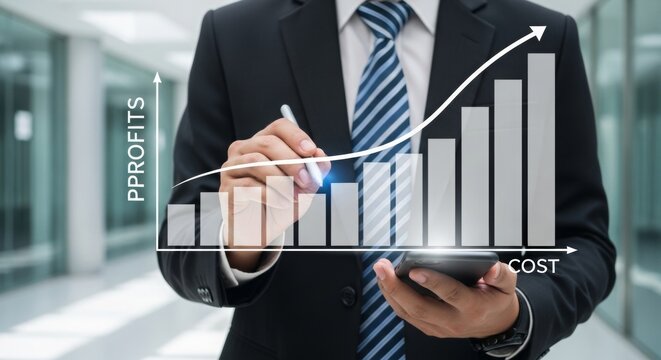 Businessman analyzing profits and costs with digital graph on screen  