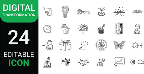 Fototapeta premium Digital Transformation Line Editable Icons set. Including Shopping cart, Light bulb, Bridge, Plant with circuit board, City skyline Vector silhouette illustration. 