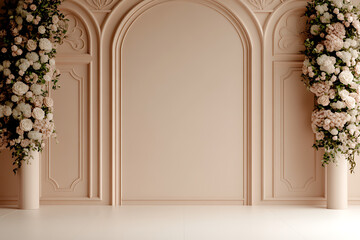 Elegant arched panel wall in soft tones, flanked by floral arrangements in cylindrical vases. Minimalist aesthetic for backdrops and sophisticated designs.