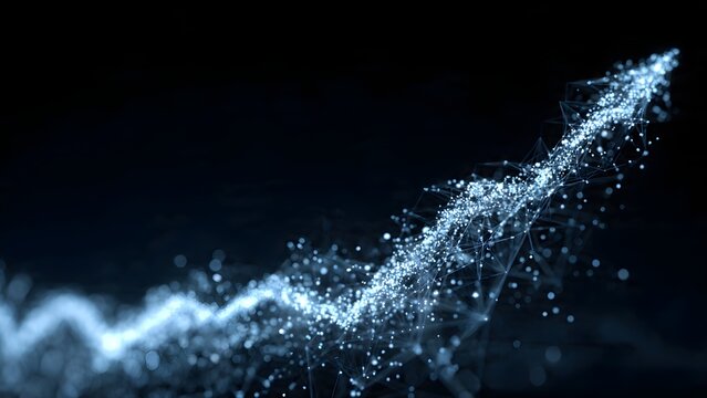 Abstract data flow, network connection, digital transformation, futuristic technology, glowing particles on dark background