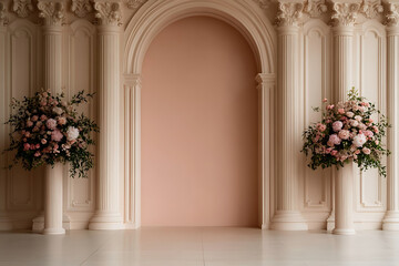 Elegant architectural backdrop with floral accents. An archway framed by columns and floral arrangements, creating a sophisticated atmosphere. Perfect for event or portrait photography.