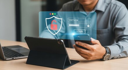 Man using smartphone and tablet for secure login in modern office  