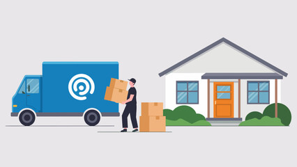 Home moving service with a delivery truck and mover carrying cardboard boxes to a house promoting relocation solutions