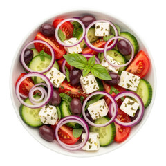 Fresh Greek salad bowl isolated on transparent background