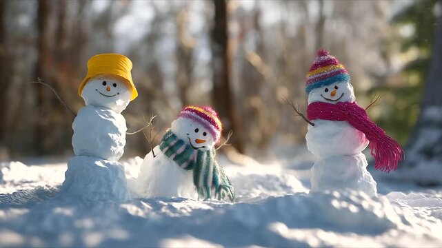 cheerful ultra-realistic winter scene of a snowman family in a snowy forest clearing, featuring three snowmen two standing upright and one upside down playfull