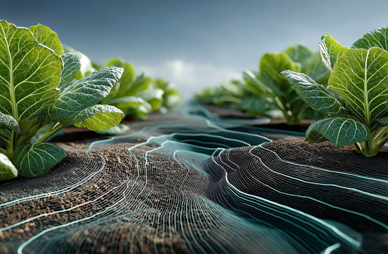 Futuristic smart agriculture field visualization with contour lines representing soil data and plant growth patterns
