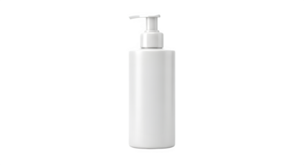 A tall white plastic pump bottle with a dispensing nozzle isolated on transparent background