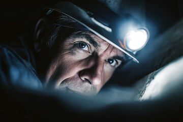 Electrician wearing headlamp working at night in dark basement, soft dramatic lighting