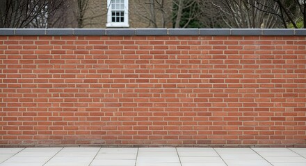 A weathered red brick wall with a grey stone coping and a paved walkway in front