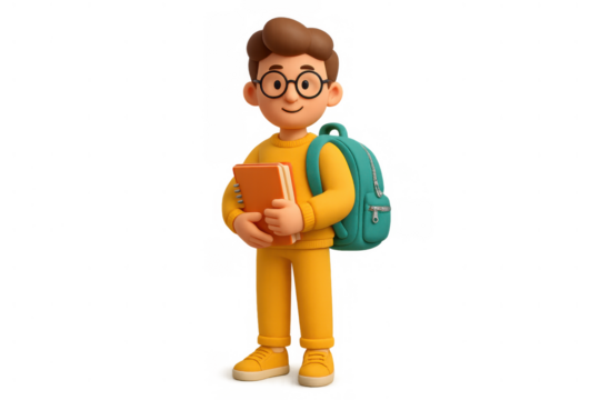 Student character standing with backpack and book representing education and learning, transparent background