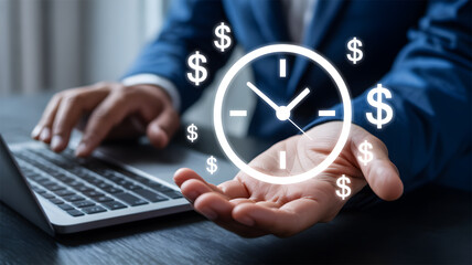 Time is Money Concept: Businessman with Clock and Dollar Signs Representing Financial Planning, Deadline