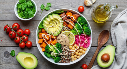 Buddha bowl in lifestyle food blog photography, top-down flat lay with scattered cooking ingredients and utensils, bright vibrant lighting, and fresh inviting mood in authentic casual style