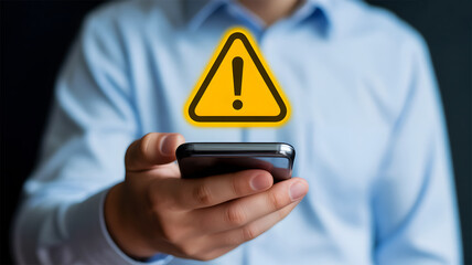 Mobile Warning Notification: Man Holding Smartphone with Virtual Yellow Triangle Exclamation Mark
