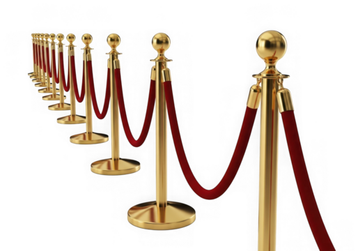 Row of gold stanchions with red velvet ropes, isolated on transparent background