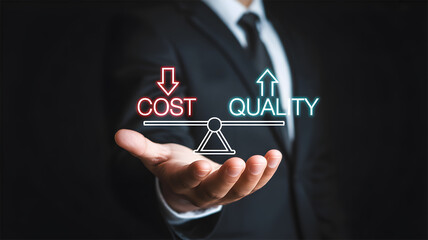 Cost Reduction vs. Quality Improvement: Businessman Holding Digital Scale for Optimization Strategy
