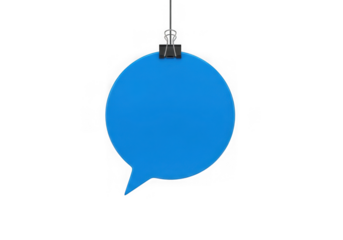 Blue speech bubble ornament hanging from a clip, isolated on transparent background