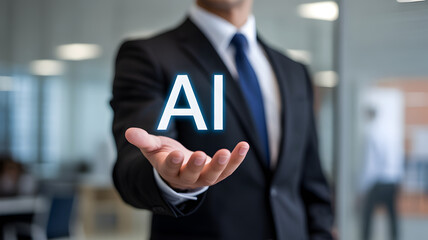 Businessman Holding Glowing AI Text: Artificial Intelligence, Future Technology, Machine Learning Concept