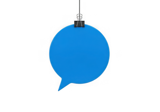 Blue speech bubble ornament hanging from a clip, isolated on transparent background