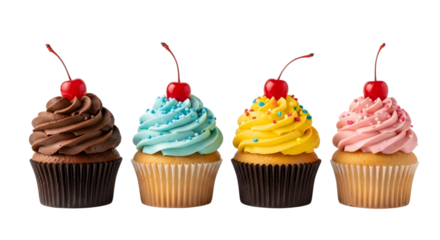 Four colorful cupcakes with cherries on top isolated on transparent background