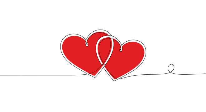 Two interlocking hearts, romantic and elegant, one-line drawing filled with passionate red, minimalist Valentine concept on white background