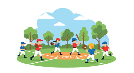Flat vector of children practicing baseball with coach in park, symbolizing youth training and learning