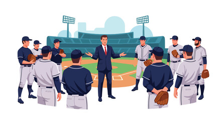Flat vector of baseball coach giving tactical talk to players, teamwork, leadership, and motivation theme