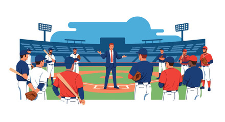 Flat vector of baseball coach giving tactical talk to players, teamwork, leadership, and motivation theme