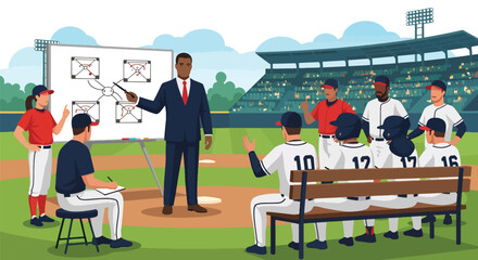 Flat vector of baseball coach giving tactical talk to players, teamwork, leadership, and motivation theme