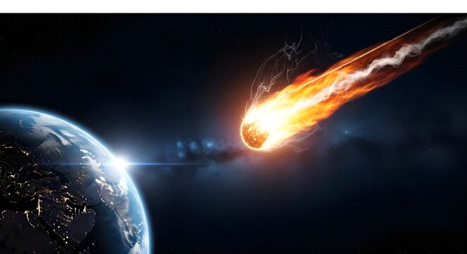 Fiery Meteor Streaking Towards Earth in Space, Cosmic Impact Threat, Dramatic Sci-Fi Scene