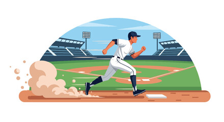 Flat vector of baseball player sprinting between bases, energy and determination theme