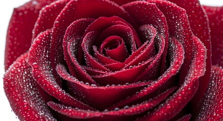 Close-up of a vibrant red rose with dew drops, perfect for romantic themes and elegant designs.