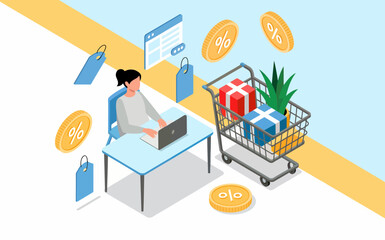 Online Shopping and Discount Concept with Woman Using Laptop Shopping Cart and Promotional Items isometric view illustration