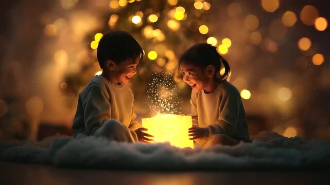 Gen-4 Turbo Cinematic Christmas scene of two children sitting on a soft rug in front of a glowing Christmas tree, opening a magical gift box that emits a warm golden light Add gentle motion the gift 