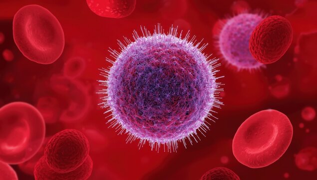 Illustration of a virus cell surrounded by red blood cells in the bloodstream