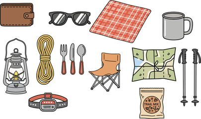 Camping and Hiking Essentials Vector Icons Set – Outdoor Adventure Equipment, Travel Gear, and Nature Exploration Items