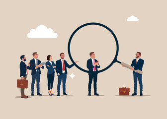 Search for qualified personnel. HR use magnifying glass to choose best candidate. Modern vector illustration in flat style. 