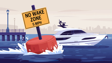 Yacht passing a No Wake Zone buoy illustration with pier and city skyline in the background showcasing boating rules and safety regulations