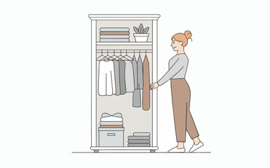 Young woman organizing closet with clothes hanging and folded items for a tidy home life