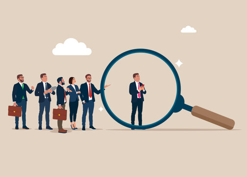 Search for qualified personnel. HR use magnifying glass to choose best candidate. Businessman stands in front of a large magnifier glass. Vector flat illustration