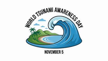 World Tsunami Awareness Day Illustration Featuring a Large Wave and Tropical Island Scene for Educational Purposes and Safety Campaign Use
