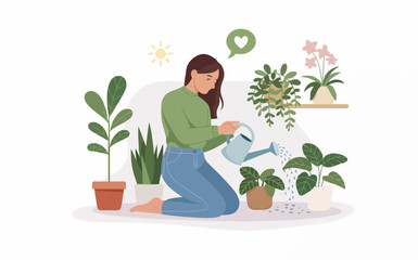 Woman Watering Potted Plants Indoor Gardening Home Hobby Cultivating Greenery and Showing Love for Nature and Taking Care of Her Plants