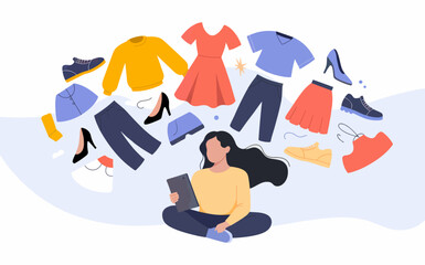 Woman shopping online with tablet surrounded by various apparel and shoes for fashion choices concept vector illustration