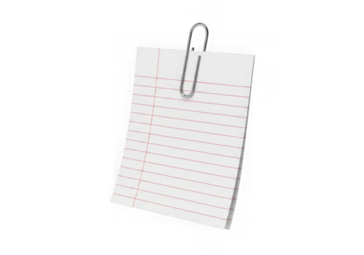 Small lined paper note with red margin held by a paperclip isolated on transparent background