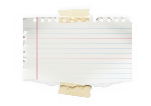 Torn lined notebook paper with red margin taped on transparent background