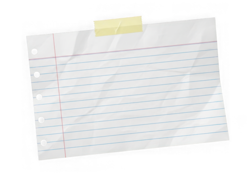 A crumpled piece of lined paper taped to a transparent background, ideal for notes and messages