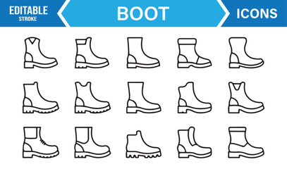 Fototapeta premium Editable stroke vector of hiking and safety boots – outline footwear icon set.